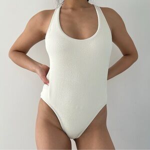 Nike Swim Cream Ribbed One Piece Swimsuit - Small